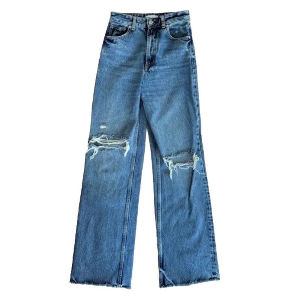 Zara TRF High Rise Wide Leg Raw Hem Jeans